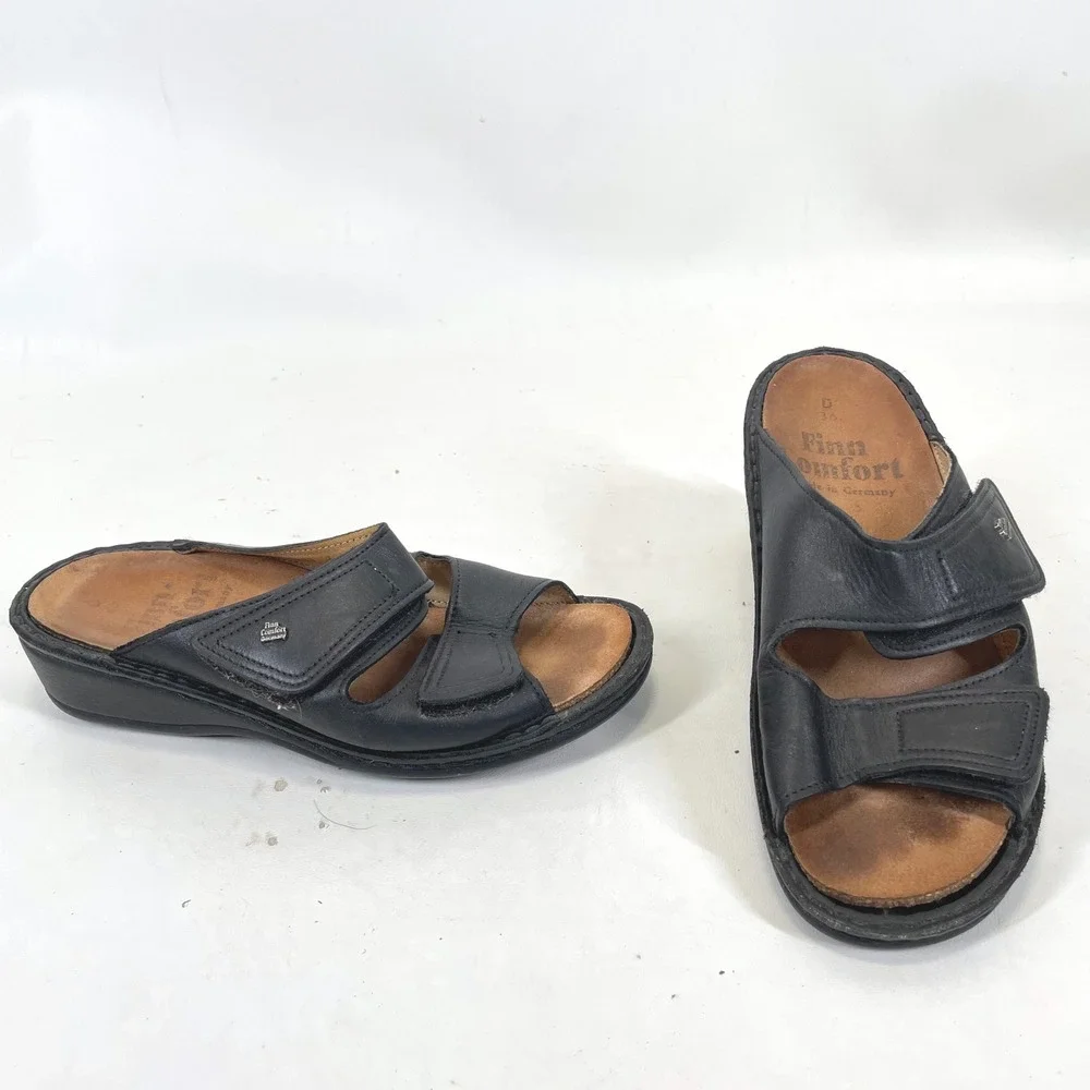 Finn Comfort Black Leather Slide Sandals Womens 36 Hook Loop Walking Shoes